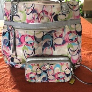 Coach Multicolor Purse with matching weistlet